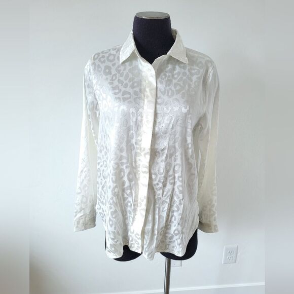 Ivory Animal Print Blouse Jaquard Embossed Satin Semi Sheer Cream Size Small - Picture 5 of 12
